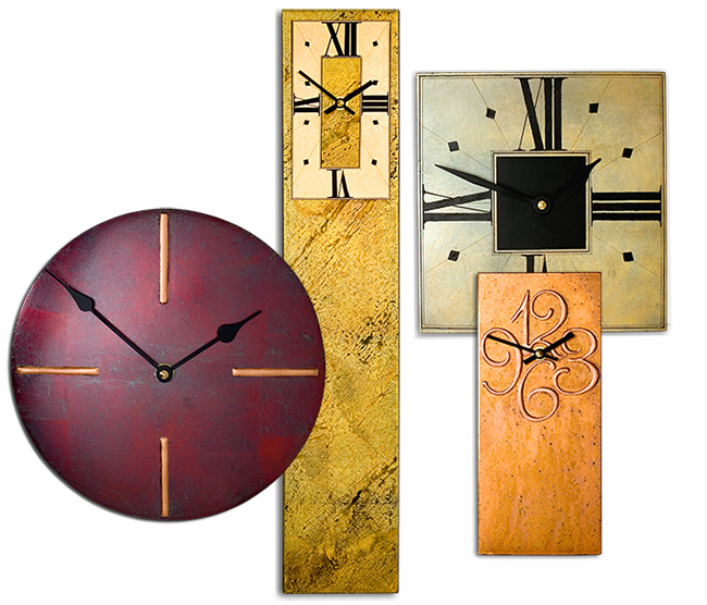 contemporary clocks category page, showing collage of different contemporary clocks with black frames and various designs.