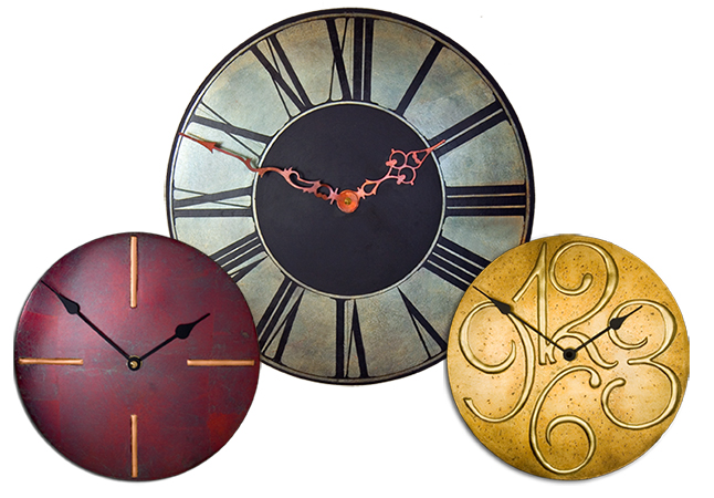 contemporary round clocks main category, showing collage of different contemporary round clocks with black frames and various designs.