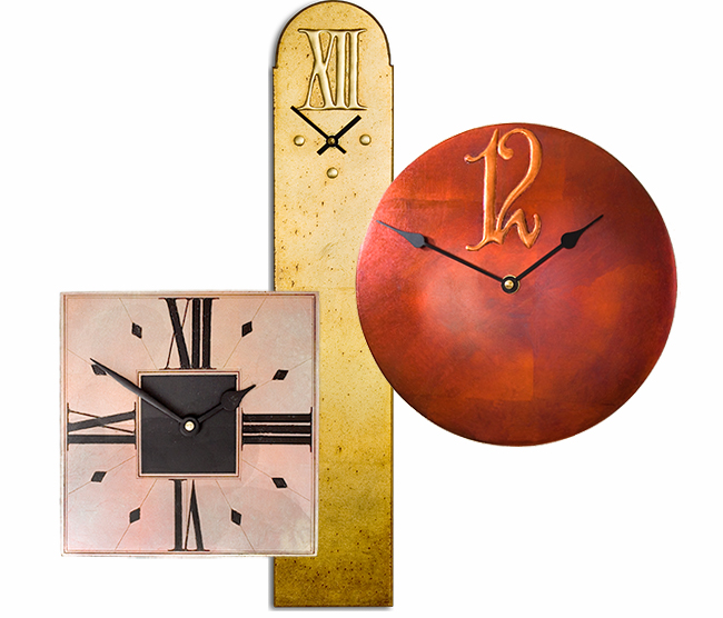 contemporary wall clock category page, showing collage of different contemporary wall clocks with black frames and various designs.