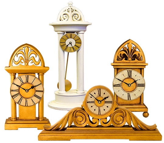 decorative mantle clocks main shot showing collage of different decorative mantle clocks with black frames and various designs