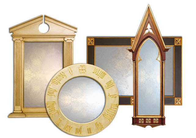 decorative mirrors category page showing collage of different decorative mirrors with black frames and various designs