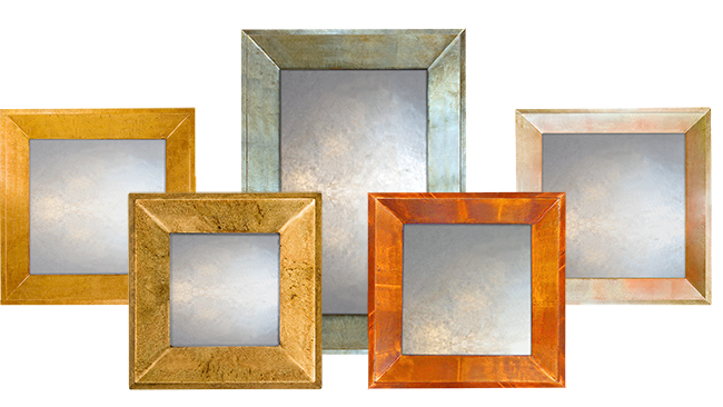 raked category shot showing collage of different raked mirrors with black frames and various designs