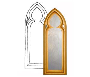 An arched mirror design with black frame and curved top