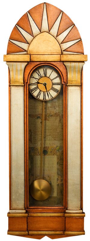Art Deco Case Clock with Sun Burst crest in copper and gold