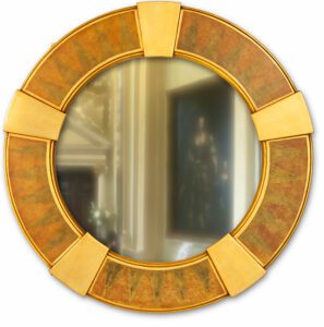 Art Deco Round Mirror with Key Stone detail in distressed gold