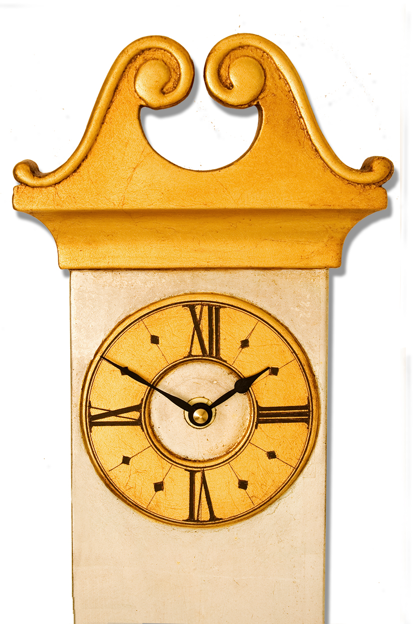 Colonial Wall Clock with scroll pediment in silver and gold