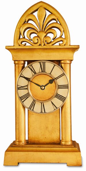 Gold Gothic Mantel Clock with ornate fleur de li crest.