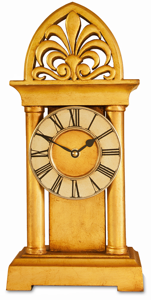 Gold Gothic Mantel Clock with ornate fleur de li crest