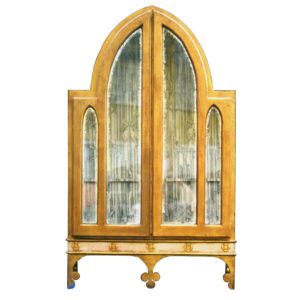 gothic display cabinet with silver body and glass door