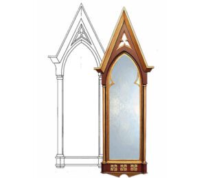 gothic mirror and overmantle design with black frame and gothic design and pendulum