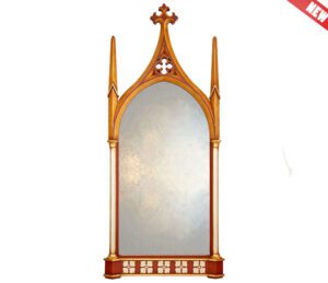 Gothic ogee arched decorative mirror in red gold leaf