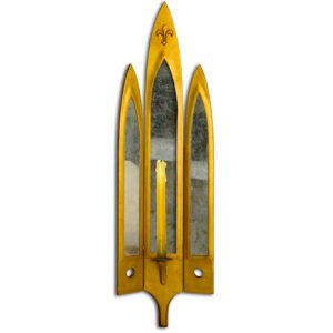 A stunning triple Gothic arch shaped candle wall sconce in gold with verre eglomise mirrored reflector
