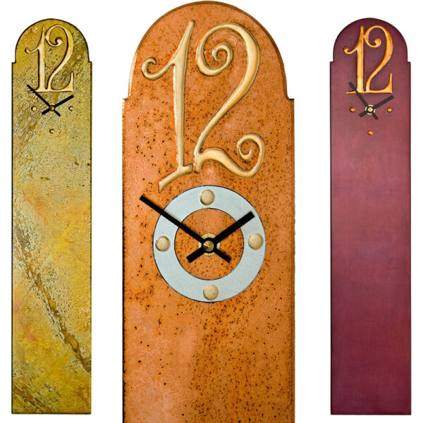 collage of different views of Clock with various finishes and large 12 shape.