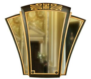 large art deco triptych mirror curved edged, with black frame and three panels with curved edges.