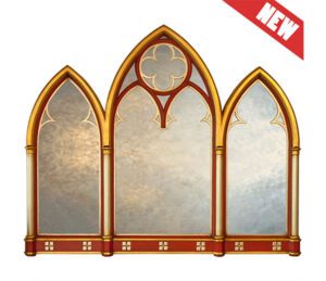 large gothic mirror, showing triptych mirror with black frame and lancet arch design.