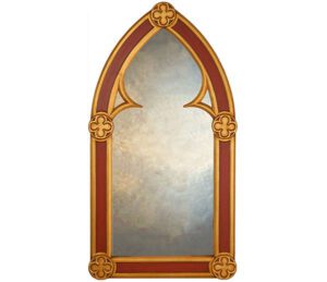pugin gothic arched mirror, with black frame and pugin gothic arched design.