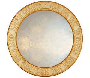 round temperance script mirror, with black frame.