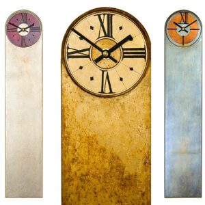 collage of different views of Clock with various finishes and round top shape