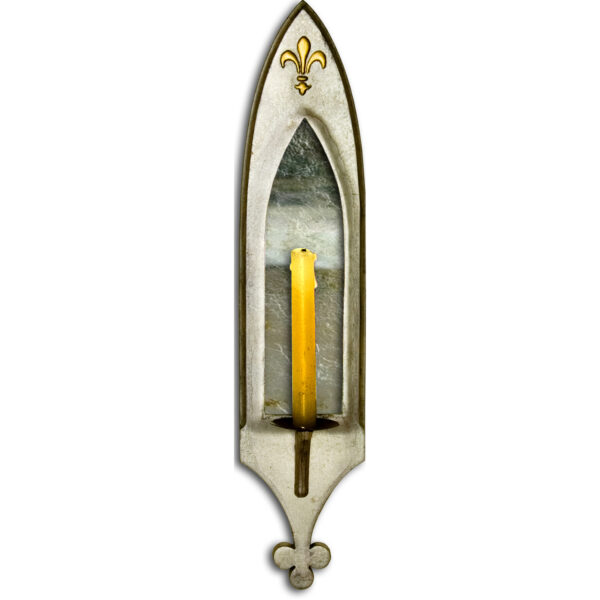 A characteristic Gothic arch shaped candle wall sconce in silver & with verre eglomise mirrored reflector.