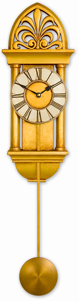 Small gold Gothic Pendulum Clock with ornate fleur de li crest and columns.
