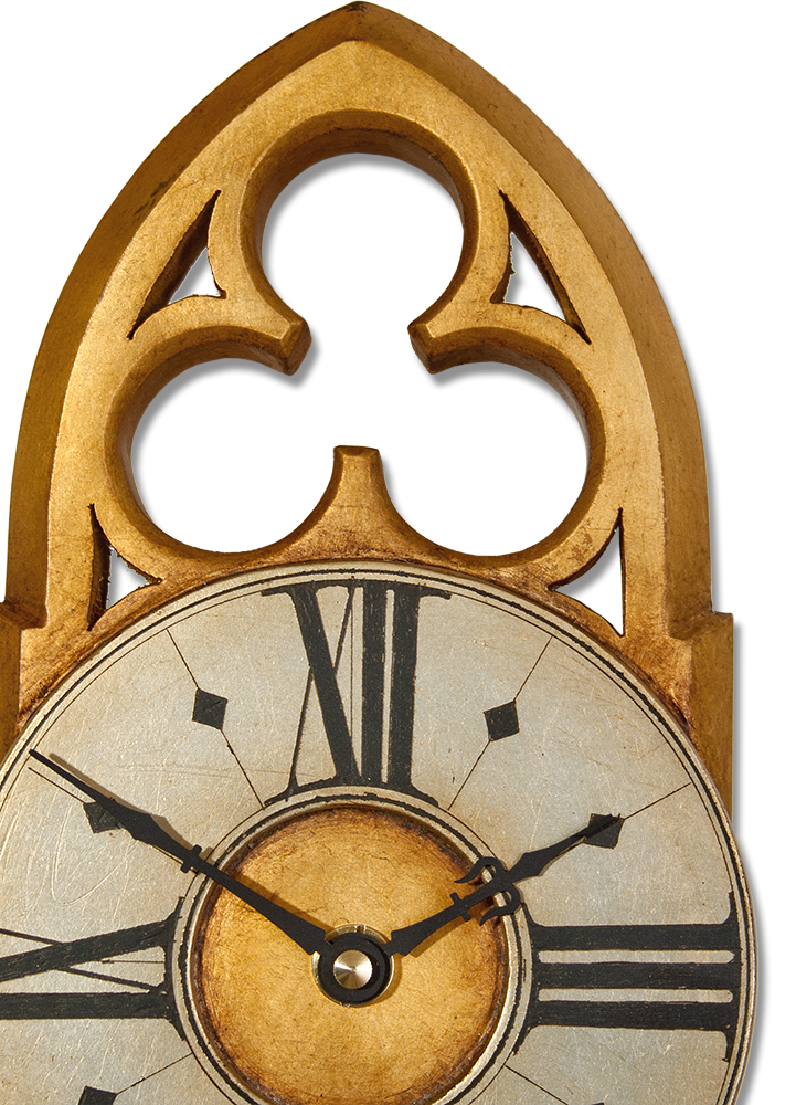 Small Gothic Pendulum Clock with trefoil pediment in gold and silver