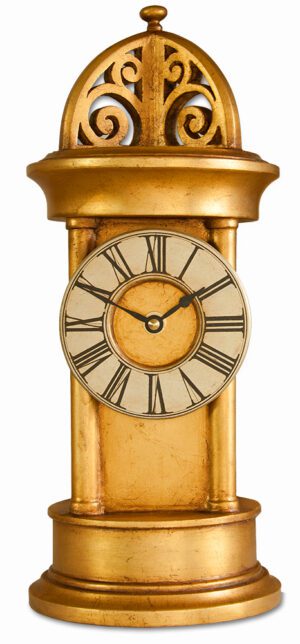 Small Rotunda Style Gothic Mantel Clock in gold and silver leaf.