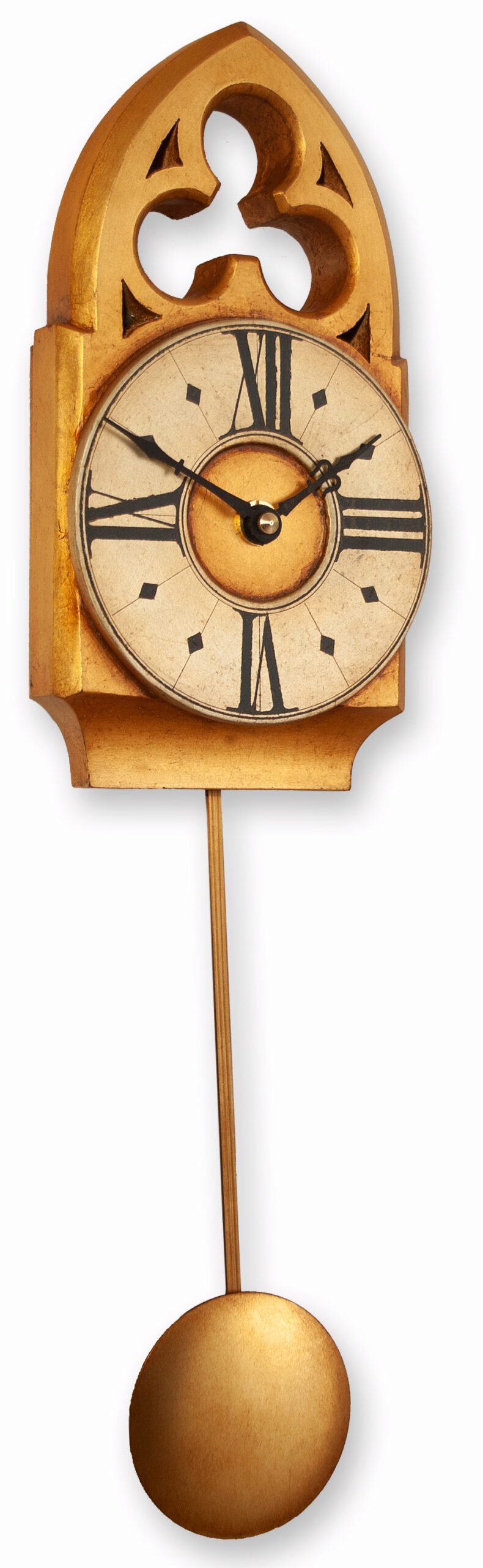 Tiny Gothic Pendulum Clock with trefoil pediment in gold and silver