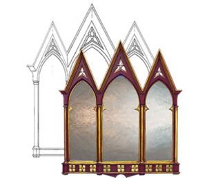 triptych overmantle design with black frame and three panels