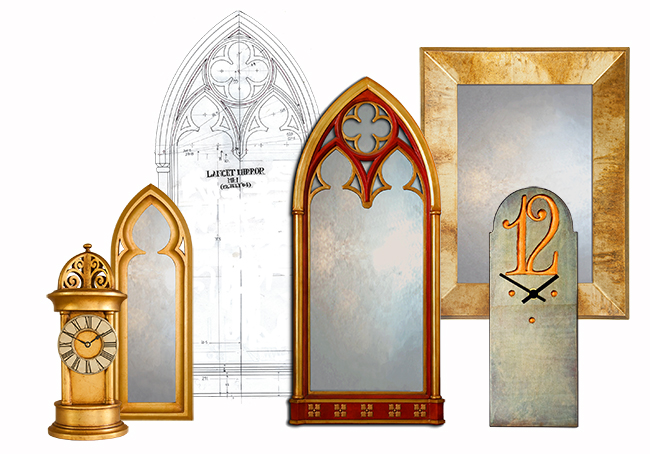 catalogue shot of new artefacts showing various clocks and mirrors with different shapes sizes and designs