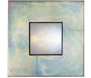 flat profile mirror in metallic blue showing rectangular mirror with blue frame and silver border