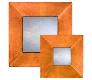light copper swept mirror showing rectangular mirror with copper frame and light finish