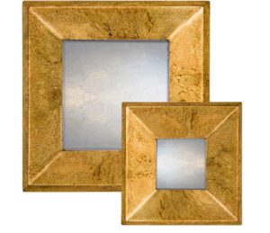 speckled gold raked profile mirror, showing rectangular mirror with gold frame and speckled finish.