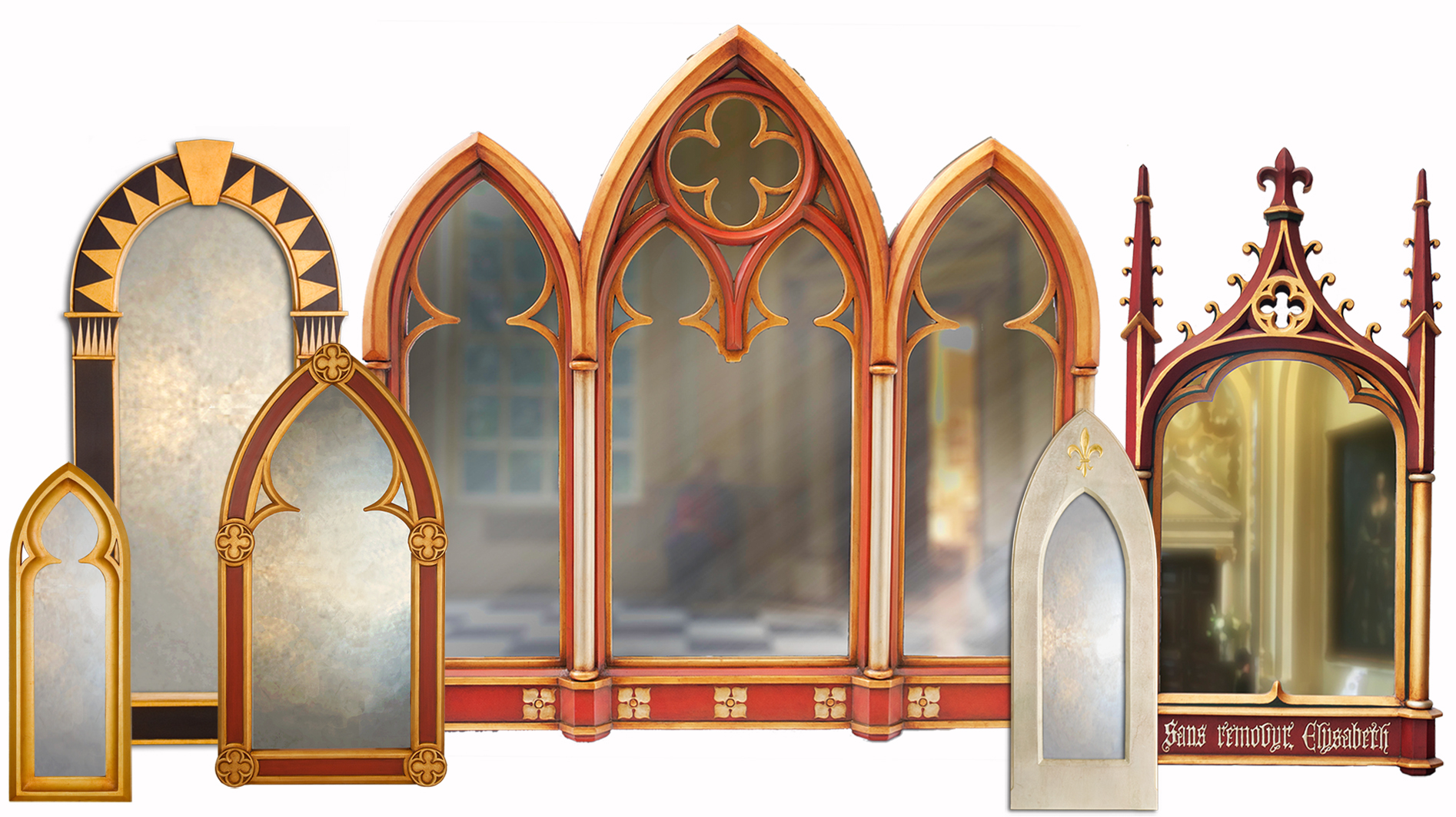 An arched gothic mirror with black and gold frame