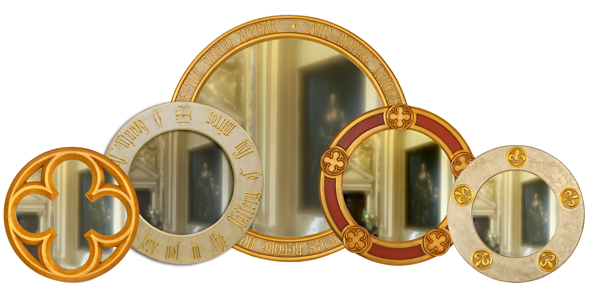 round gothic mirror with gold and silver frame