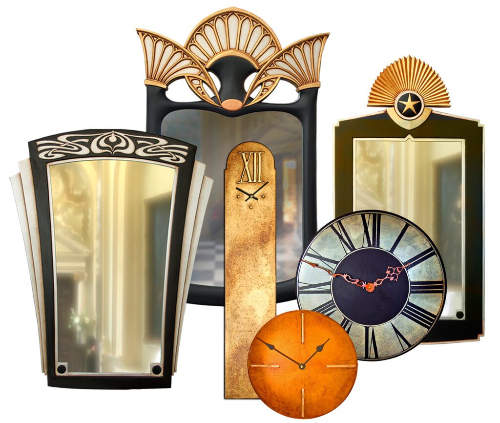 A mix of Art Deco mirrors and contemporary clocks