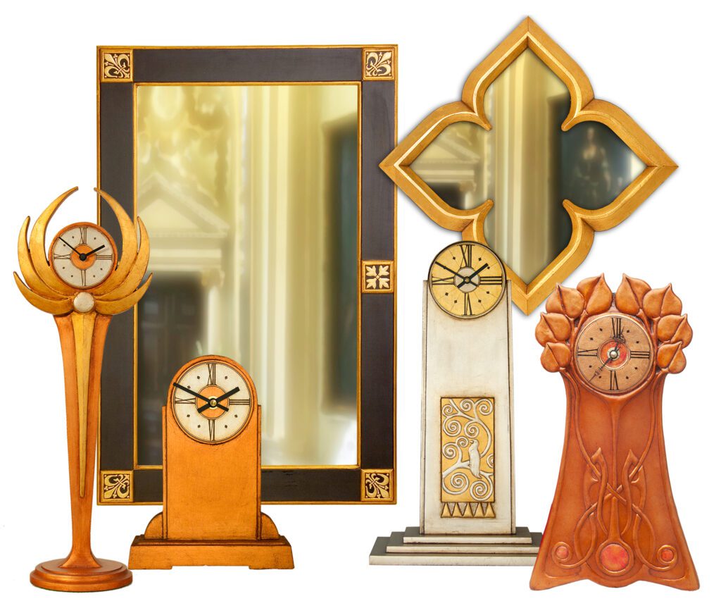 A mixed group of my Art Deco clocks and Gothic mirrors