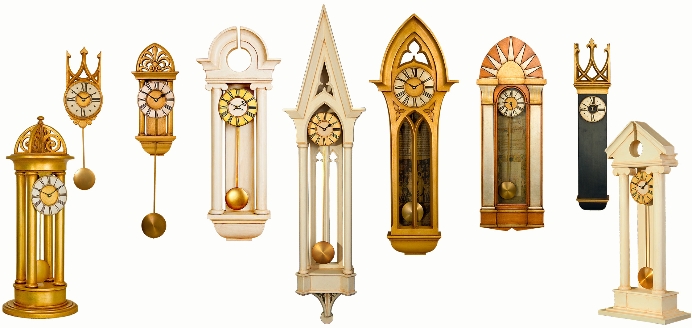 A stunning selection of my handmade pendulum clocks