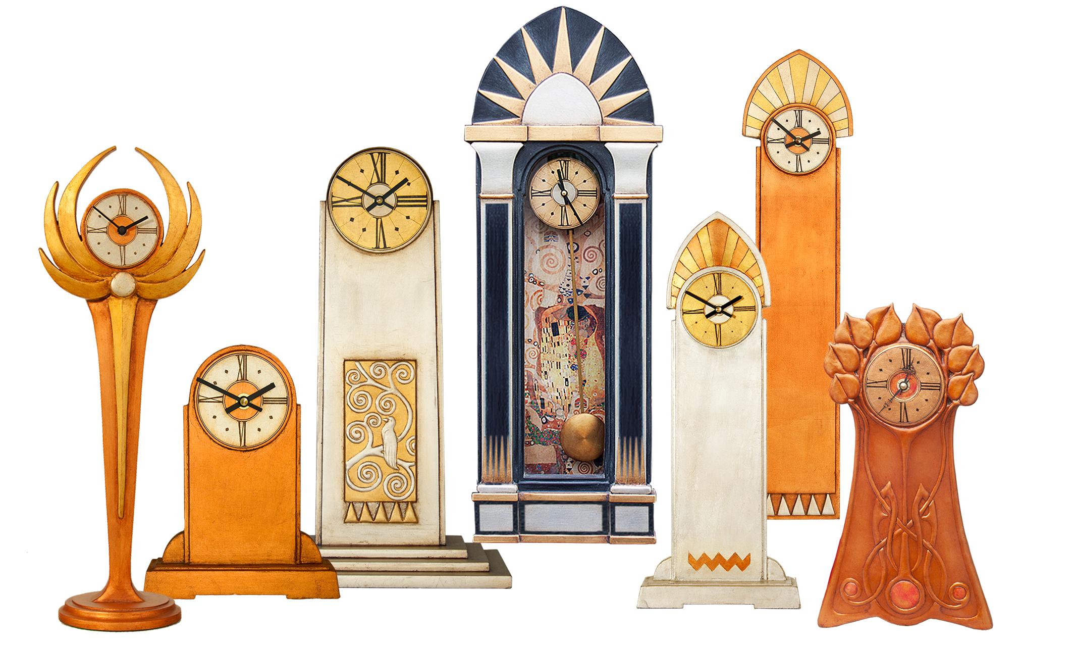 collage of seven art deco mantel clocks in different colors