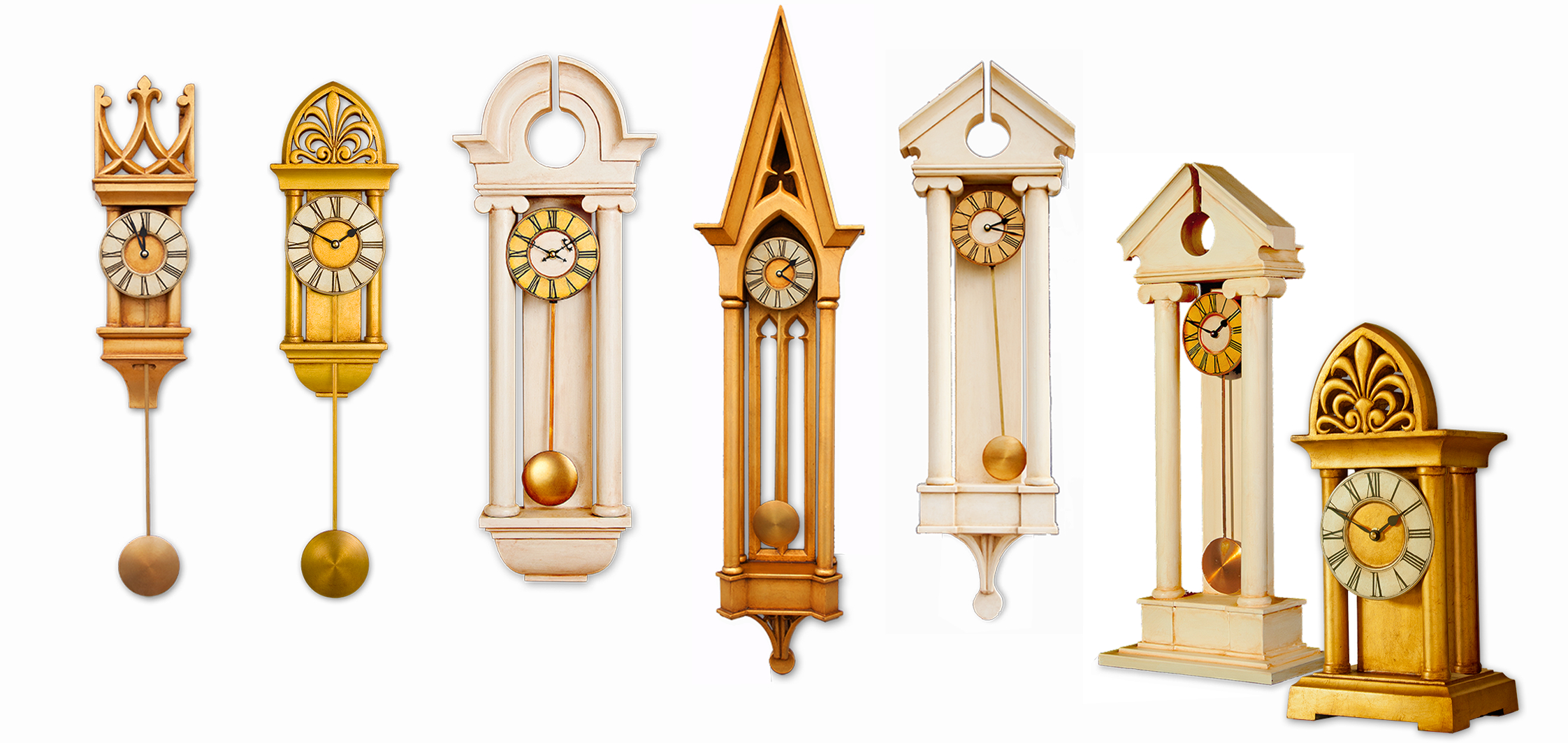 group of four wooden case column clocks with different designs and colors arranged on wooden case table