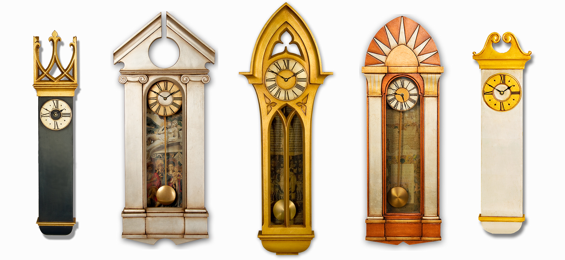 A row of wooden case clocks with different styles and sizes