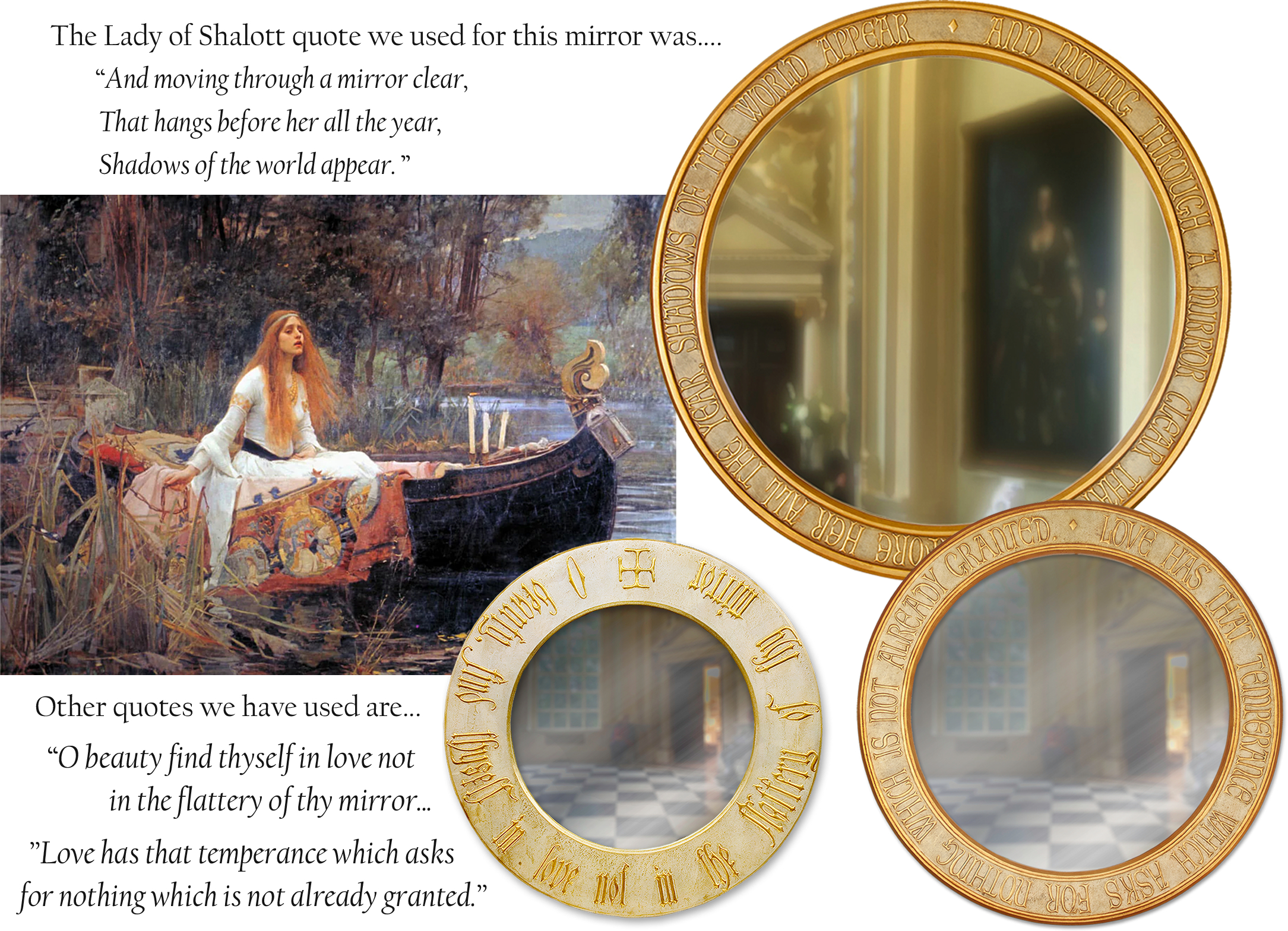 Large medium and small sized gold and silver mirrors with quotes in gold script